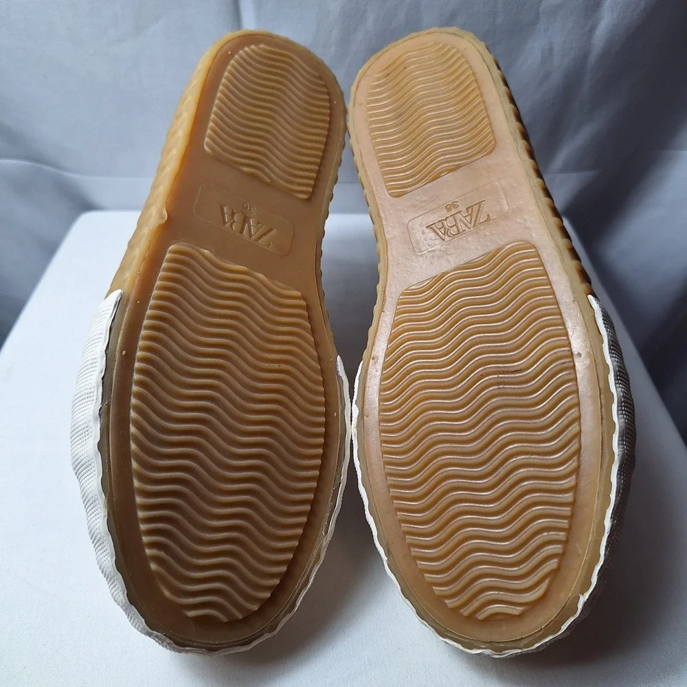 ZARA Toecap Trainer Sneaker Womens Sz 6 Beige Canvas Platform Stackform Gum Sole